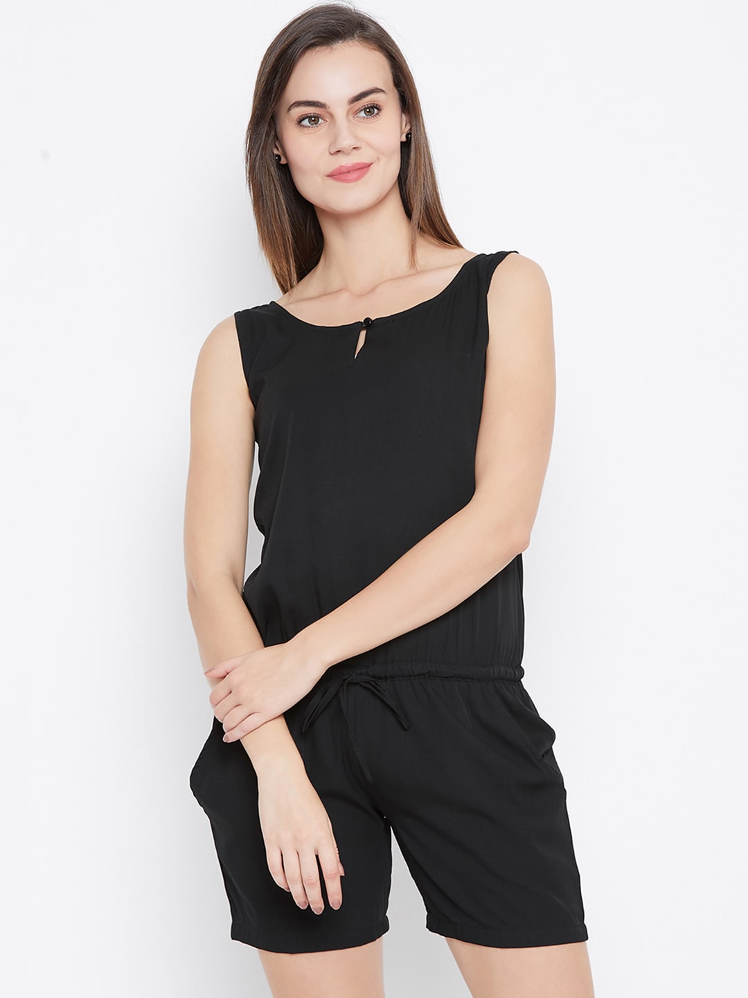 Cottinfab Women Black Solid Playsuit Price in India