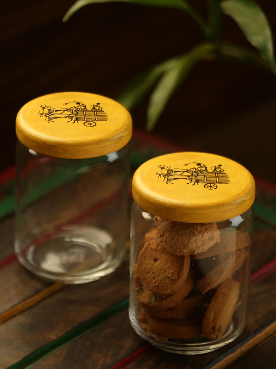 ExclusiveLane Set of 2 Yellow & Transparent Duals Of Warli Snacks & Cookies Jars Price in India