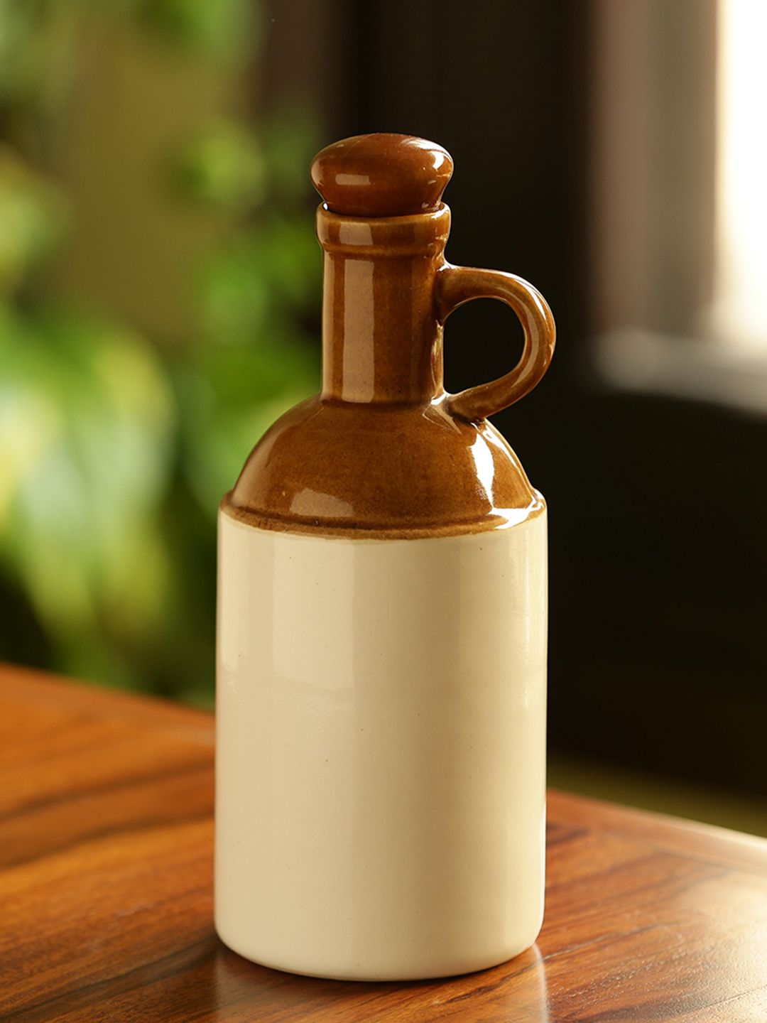ExclusiveLane Brown & Off-White Old Fashioned Hand Glazed Pottery Ceramic Oil Bottle Price in India