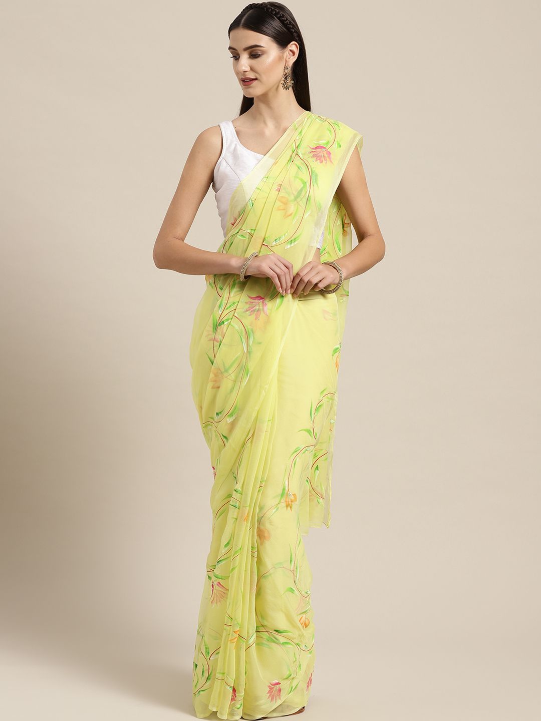 Geroo Jaipur Yellow Hand Painted Floral Chiffon Sustainable Saree Price in India