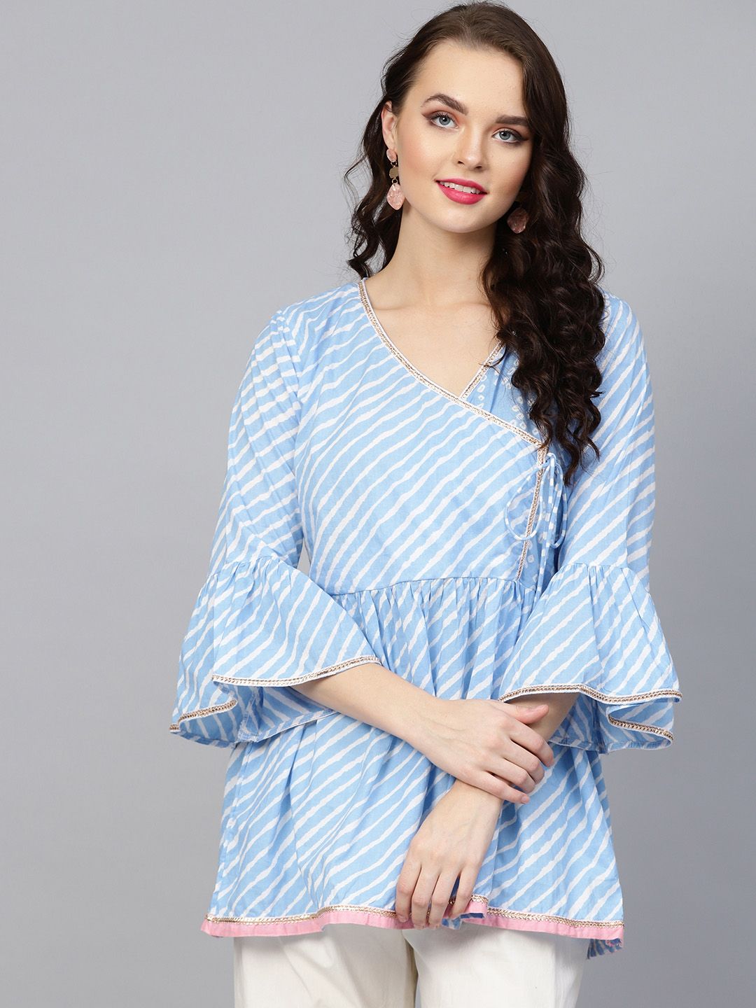 Bhama Couture Women Blue & White Leheriya Printed Angrakha Tunic Price in India