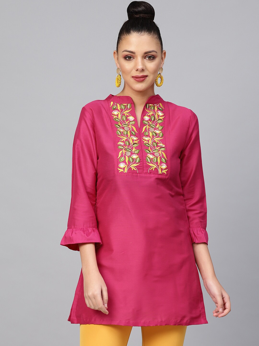 Bhama Couture Women Pink Yoke Design A-Line Kurti Price in India
