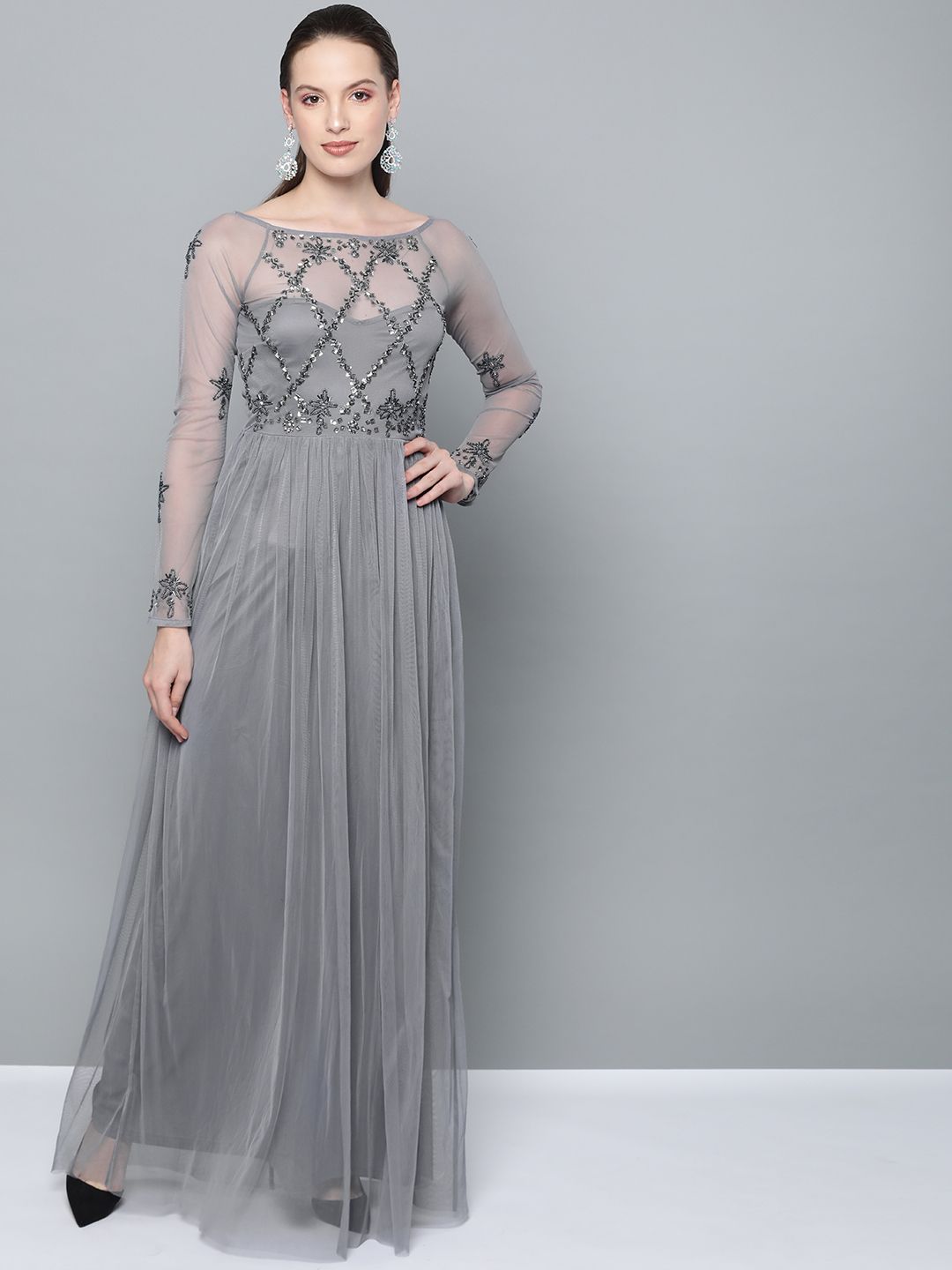 STREET 9 Women Grey Embellished Semi-Sheer Net Maxi Dress Price in India