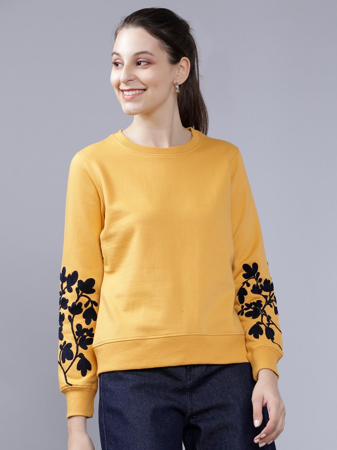 Tokyo Talkies Women Mustard Yellow Solid Sweatshirt Price in India