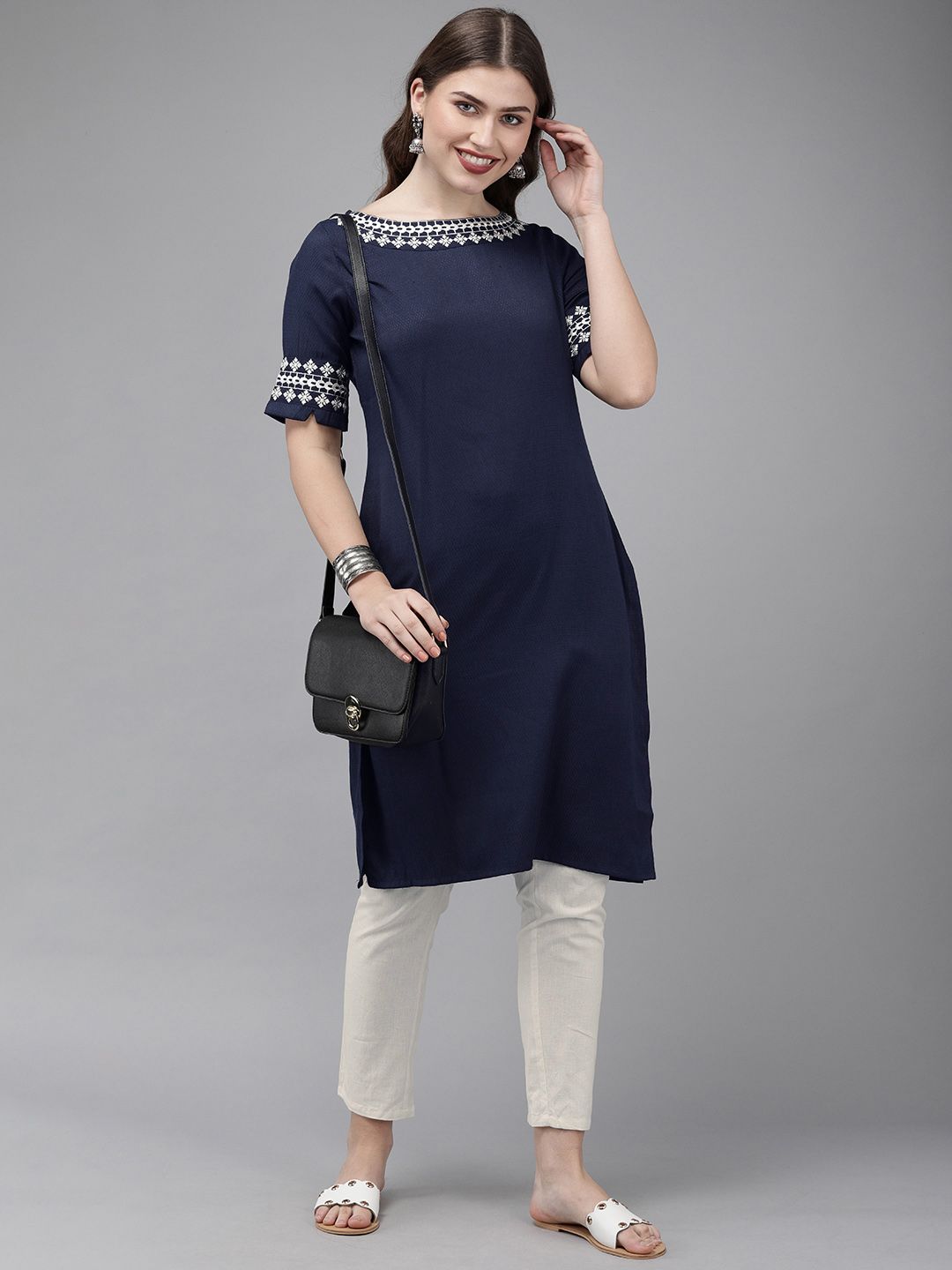 Anouk Women Navy Blue & Off-White Self Design Kurta with Trousers & Embroidered Detailing Price in India