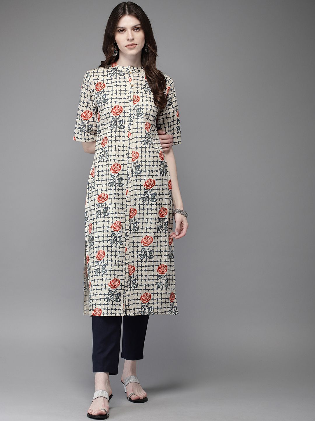 Anouk Women Off-White Printed Kurta with Trousers Price in India