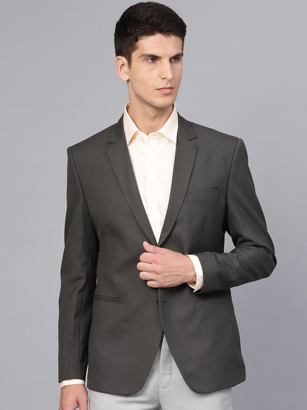 MANQ Grey Solid Slim Fit Single-Breasted Formal Blazer