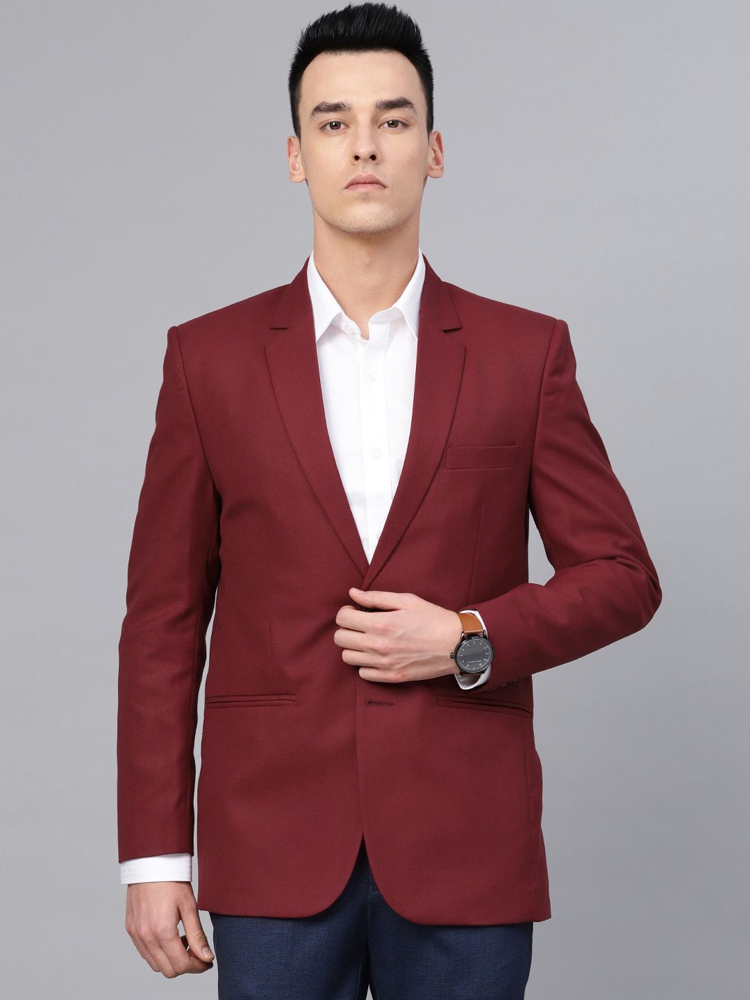 MANQ Men Maroon Slim Fit Solid Single-Breasted Smart Casual Blazer