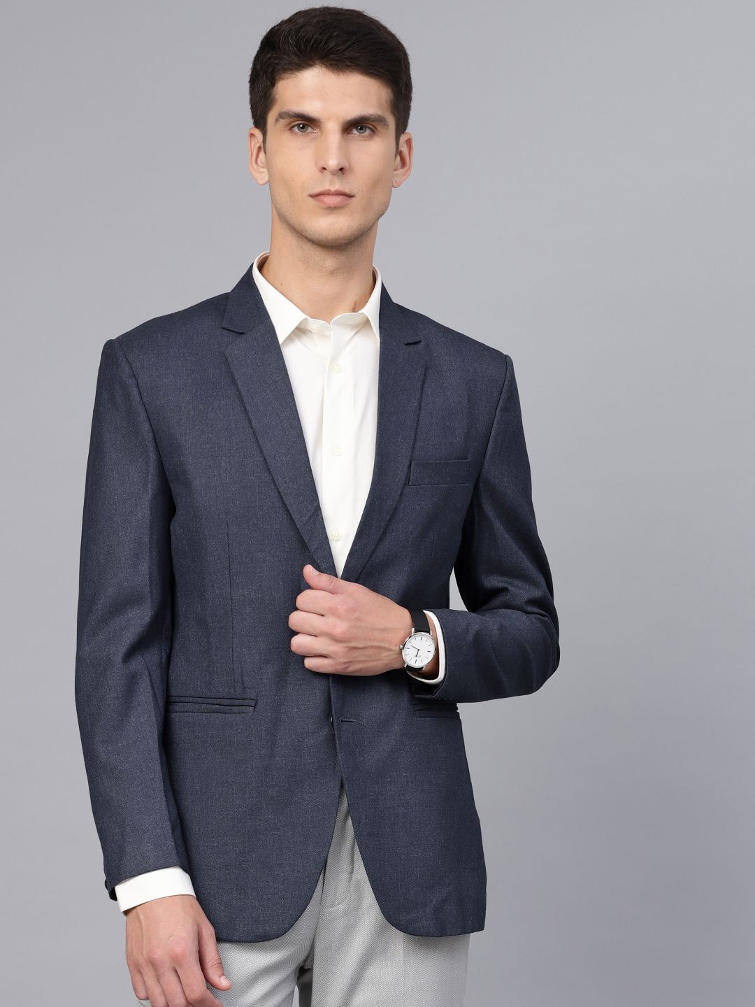 MANQ Men Navy Blue Slim Fit Solid Single-Breasted Formal Blazer