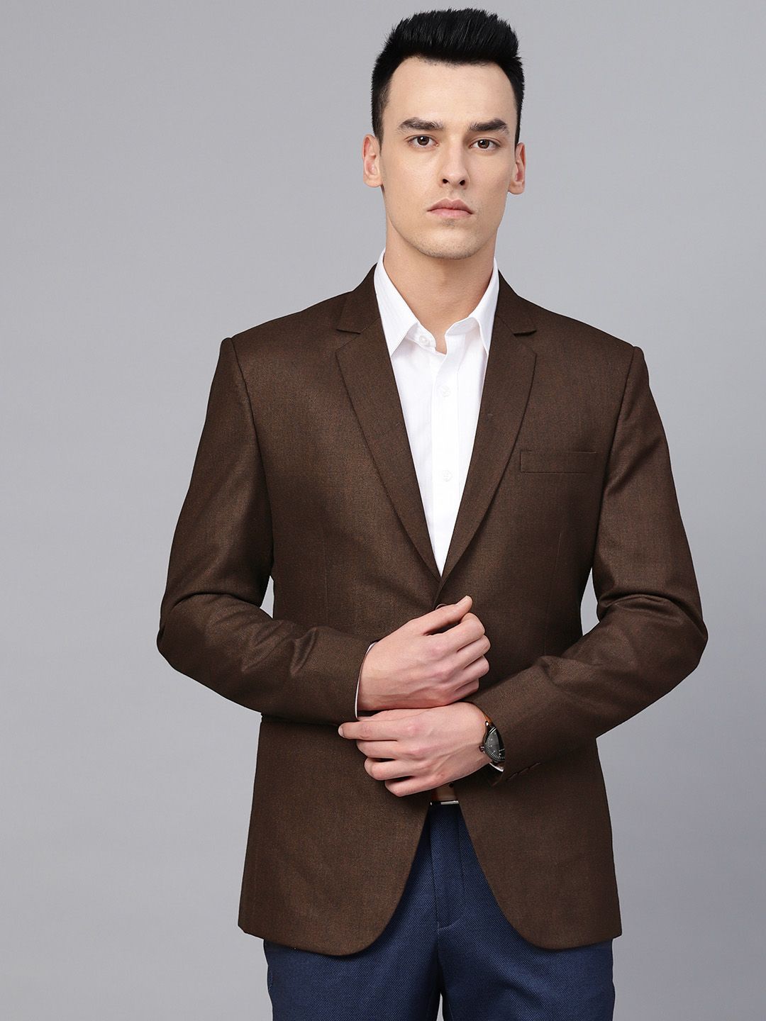 MANQ Men Brown Solid Slim Fit Single Breasted Party Blazer