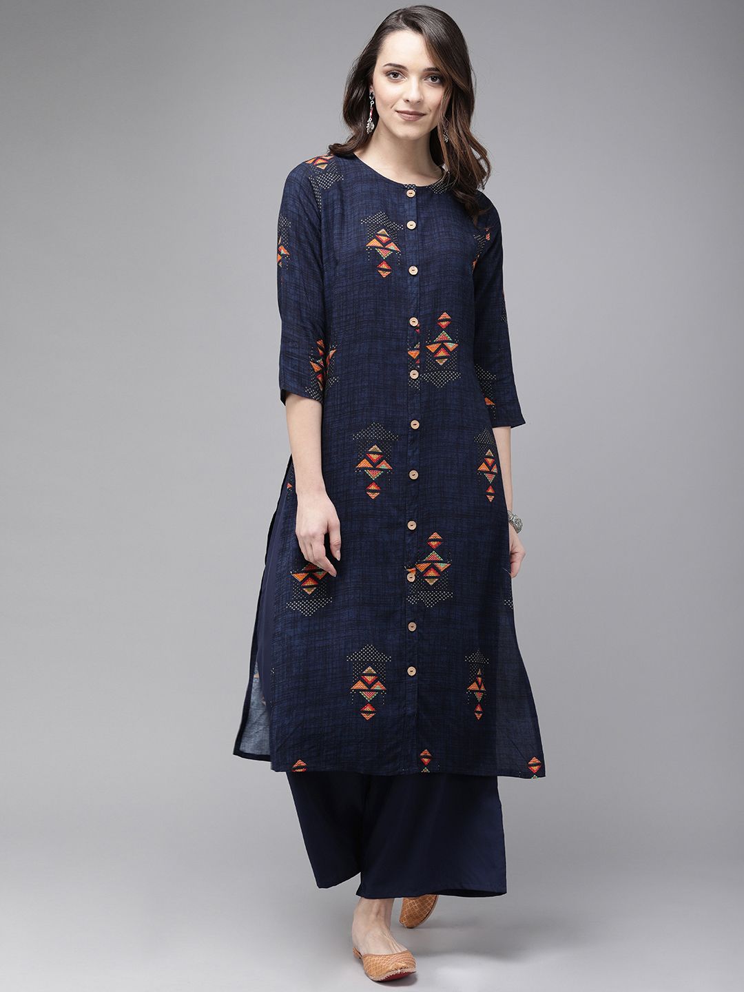 Anouk Women Navy Blue Printed Kurta with Palazzos Price in India