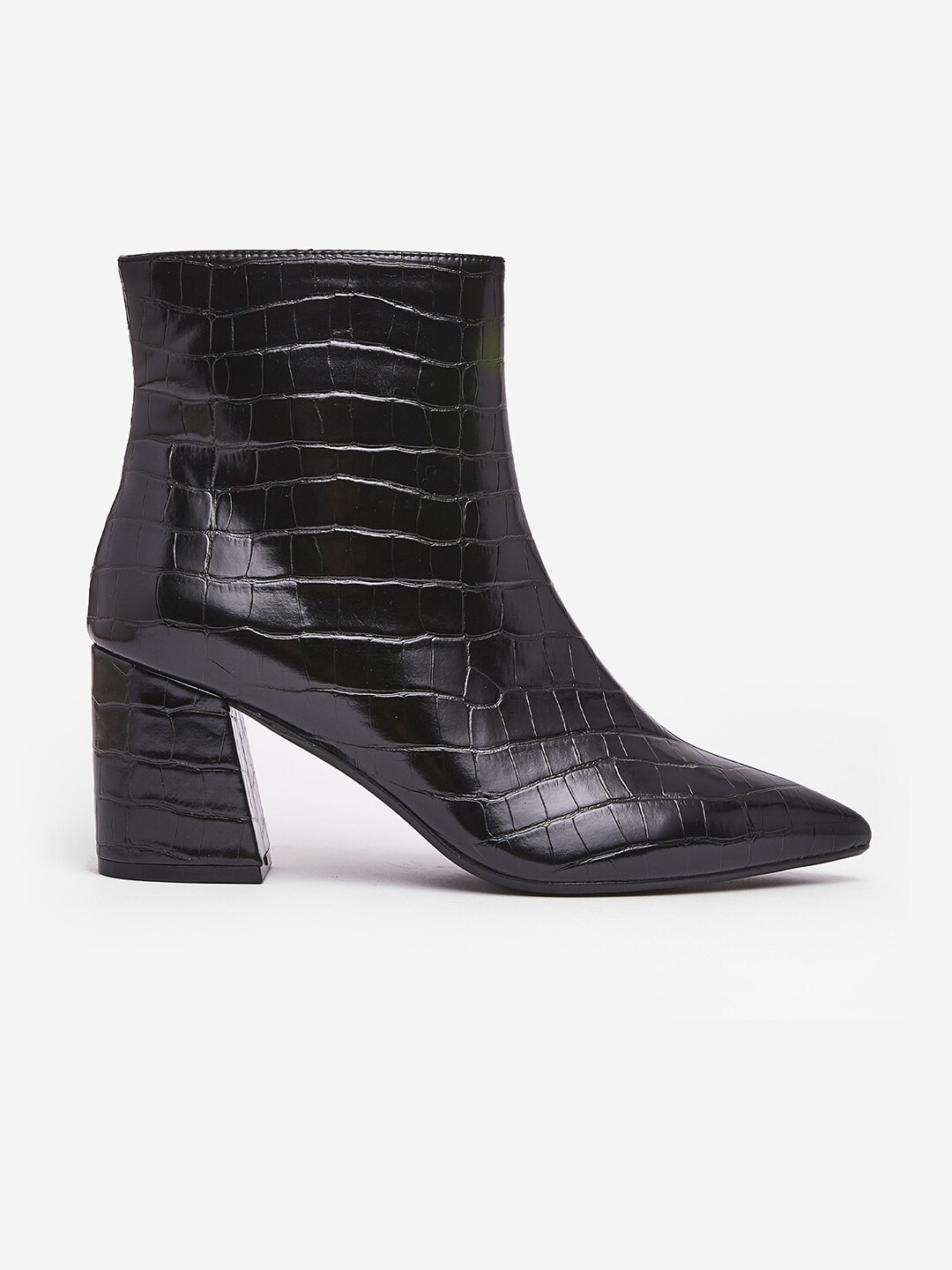 DOROTHY PERKINS Women Black Croc Textured Wide Fit Mid-Top Heeled Boots Price in India