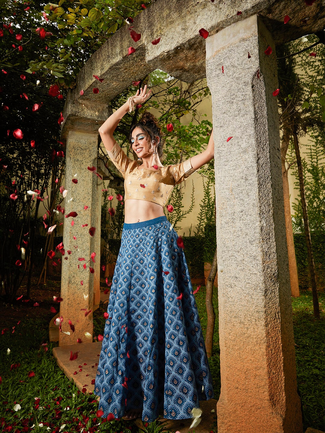 Global Desi Women Teal Blue & Gold-Toned Printed Flared Maxi Skirt Price in India