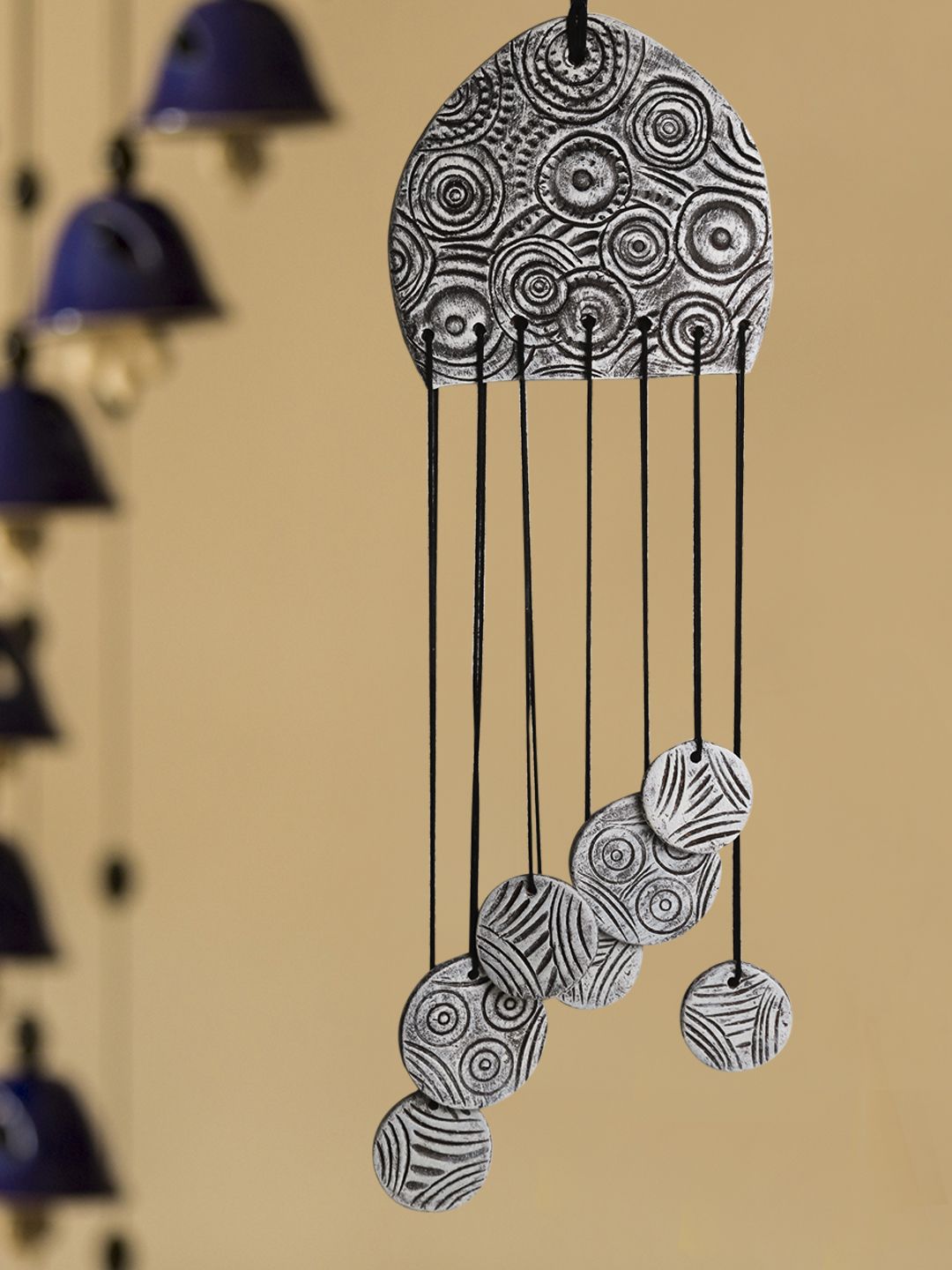 ExclusiveLane Grey Curved Handmade & Hand-Painted Garden Decorative Hanging & Wind Chime In Terracotta Price in India