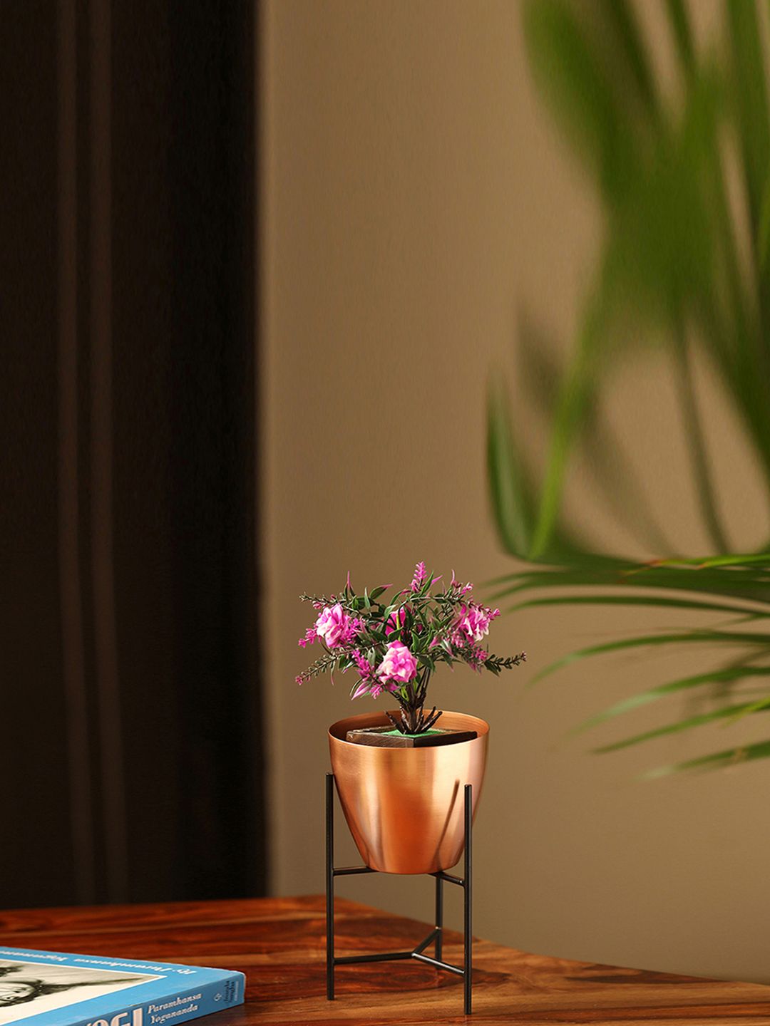 ExclusiveLane Copper-Toned Frustum Table Planter Pot with Triangular Iron Stand Price in India