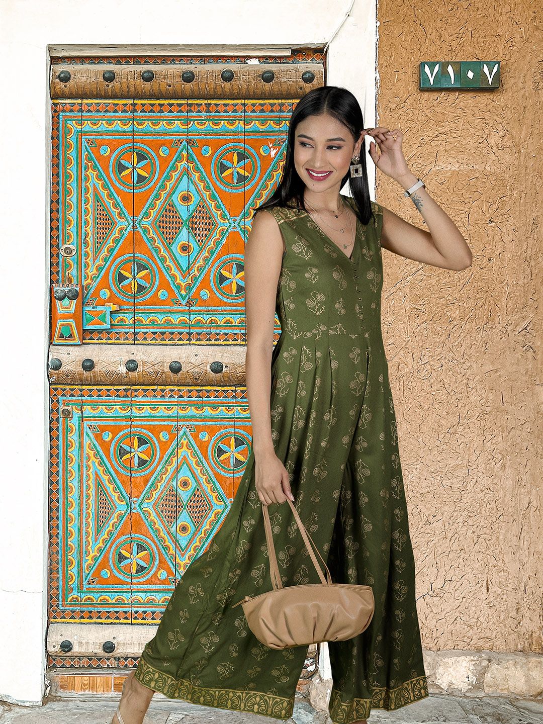 MABISH by Sonal Jain Women Green & Golden Printed Basic Jumpsuit Price in India