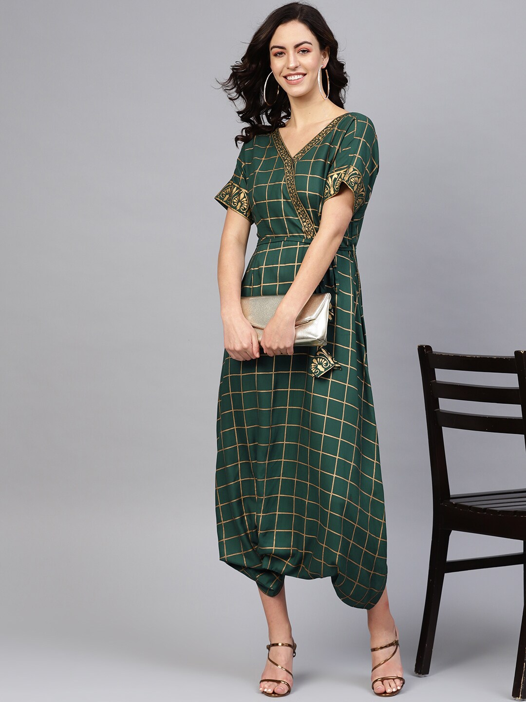 MABISH by Sonal Jain Women Green & Golden Dhoti Style Checked Basic Jumpsuit Price in India