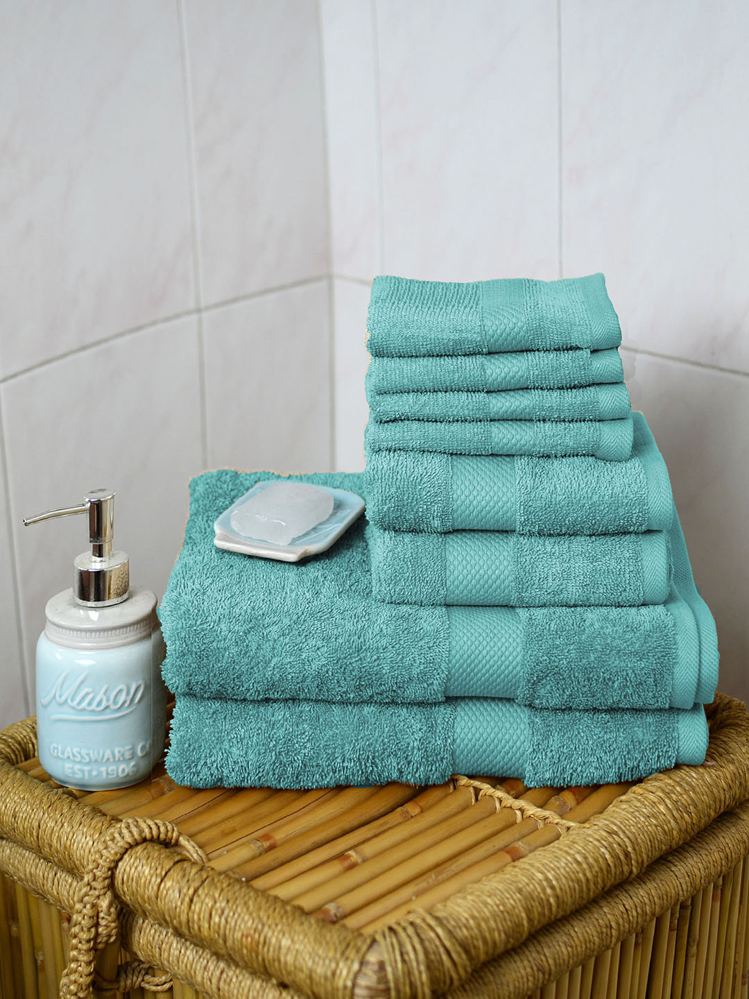 Avira Home Set of 8 500 GSM Turquoise Blue Solid Towels Price in India
