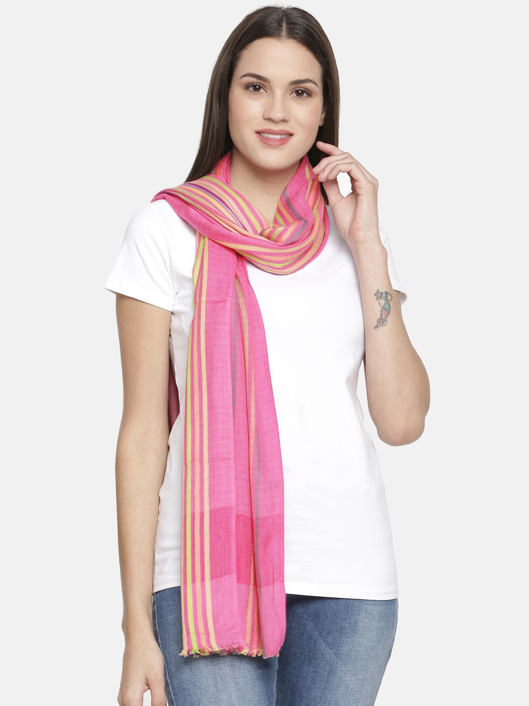 Ayesha Women Pink & Yellow Striped Viscose Scarf Price in India