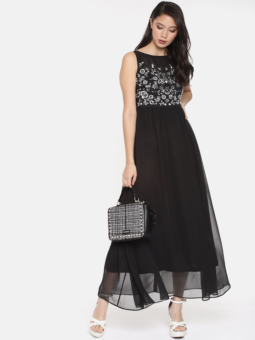 Miss Chase Black Sequined Embroidered Party Maxi Dress Price in India