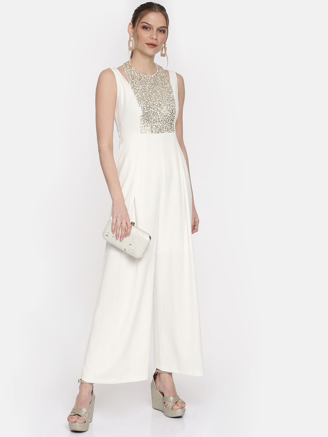 Miss Chase White Sequined Panel Party Jumpsuit Price in India