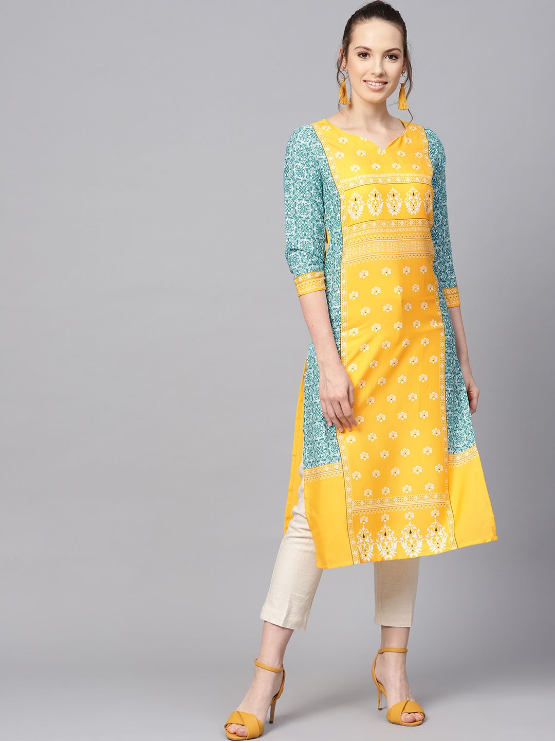 AHIKA Women Yellow & Blue Printed Straight Kurta Price in India