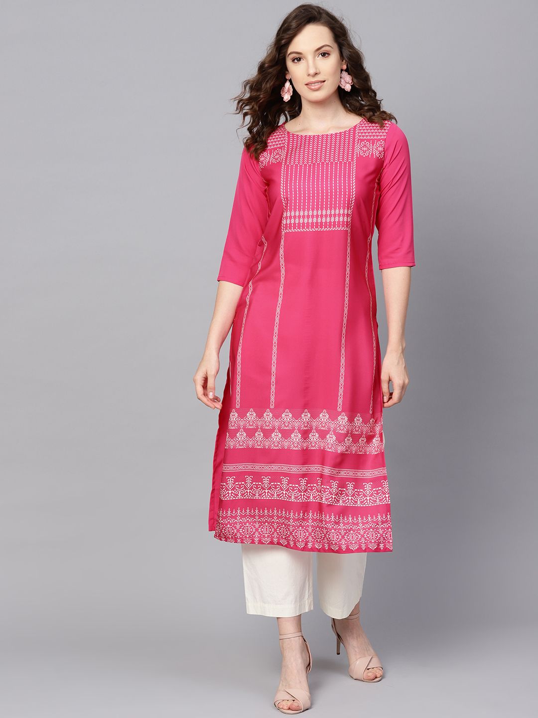 AHIKA Women Pink & Off-White Printed Straight Kurta Price in India