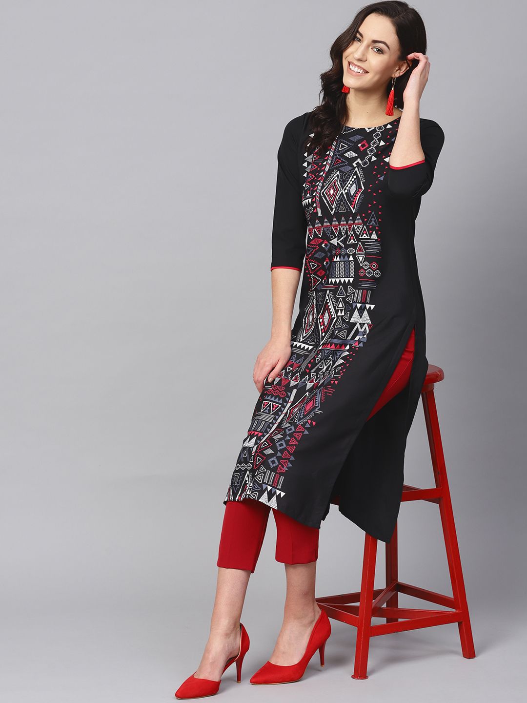 AHIKA Women Black & Pink Printed Straight Kurta Price in India