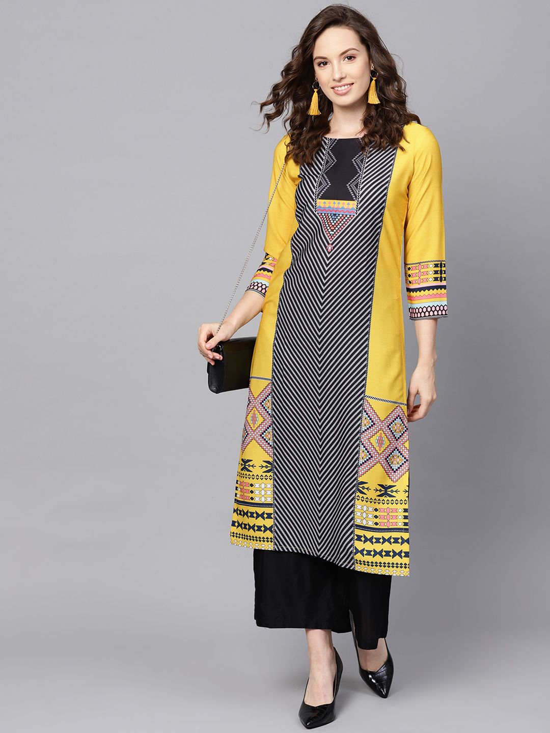 AHIKA Women Charcoal Grey & Yellow Printed Straight Kurta Price in India