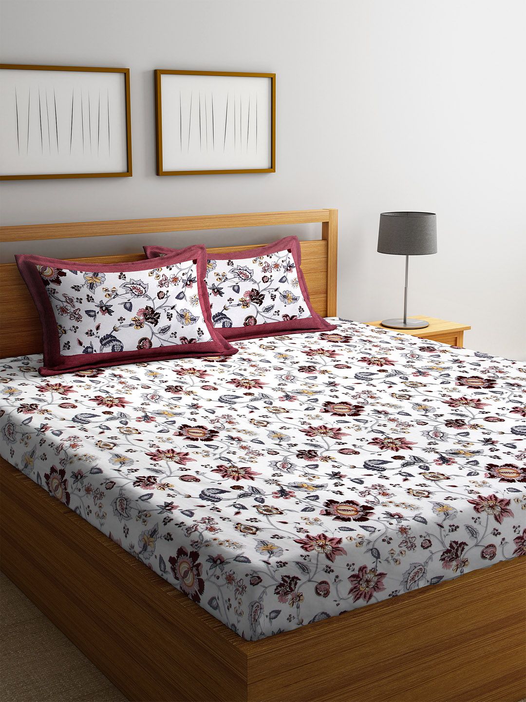 Rajasthan Decor White & Maroon Floral 144 TC Cotton 1 King Bedsheet with 2 Pillow Covers Price in India