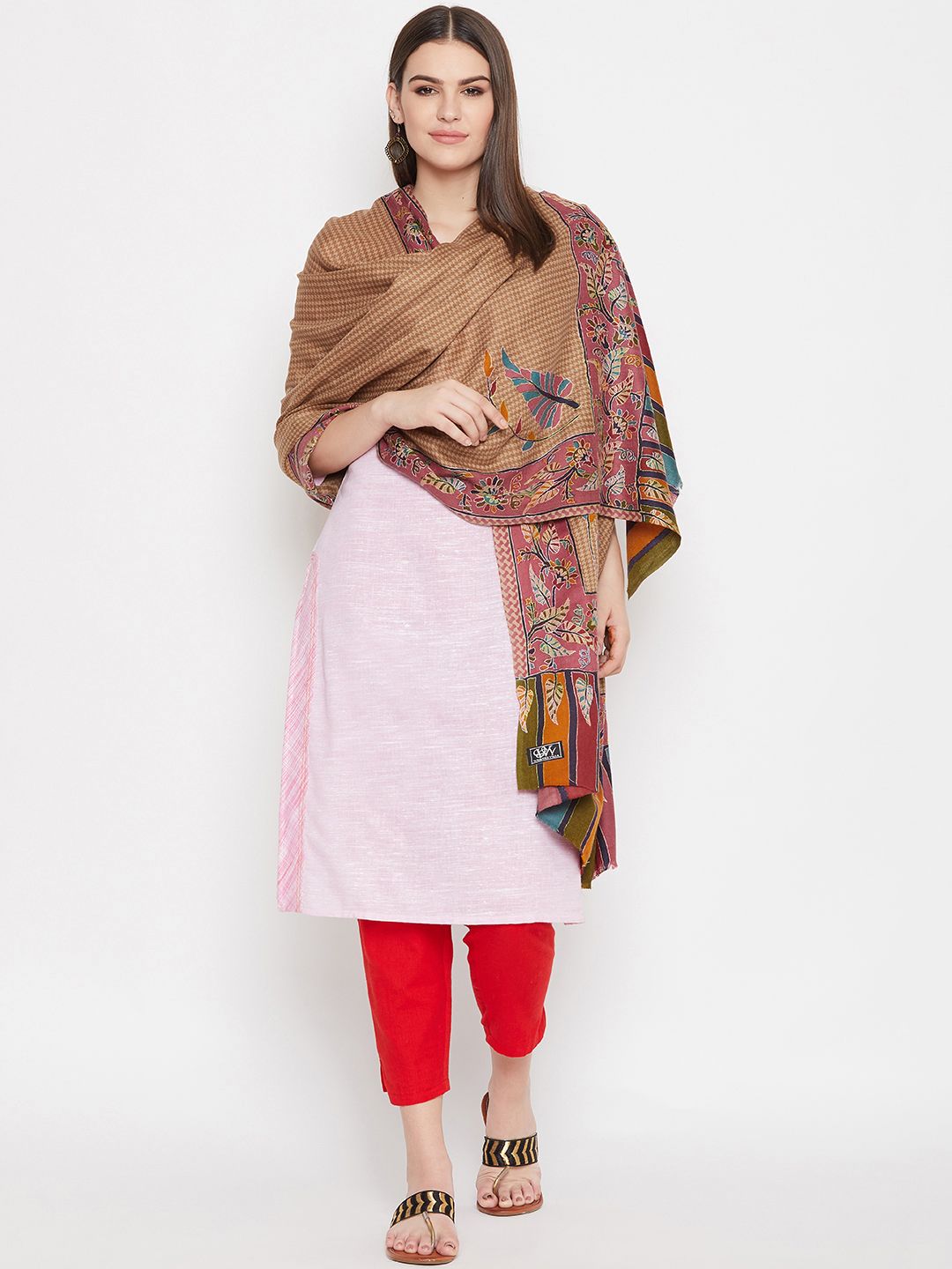WEAVERS VILLA Women Beige & Brown Woollen Houndstooth Design Shawl Price in India