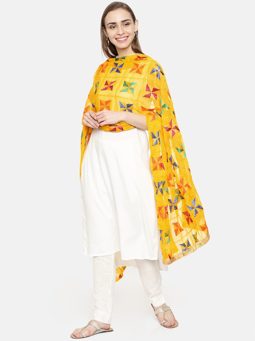 WEAVERS VILLA Yellow Embroidered Dupatta Price in India