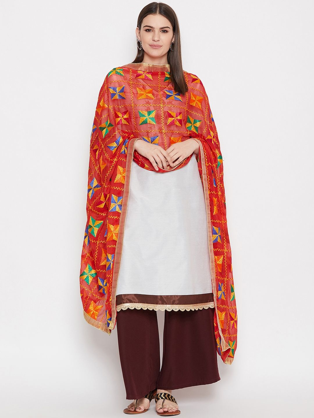 WEAVERS VILLA Red & Yellow Phulkari Embroidered Dupatta Price in India