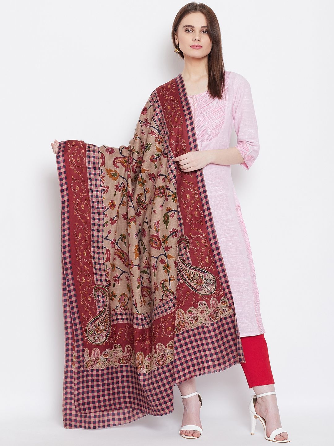 WEAVERS VILLA Women Beige & Maroon Woven Design Woollen Shawl Price in India