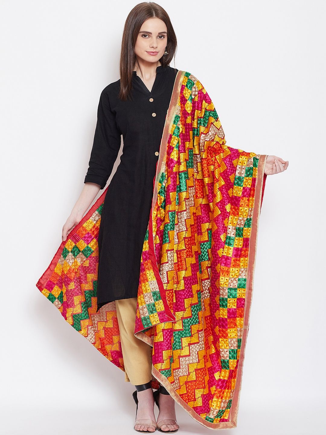 WEAVERS VILLA Red & Yellow Phulkari Embroidered Dupatta Price in India