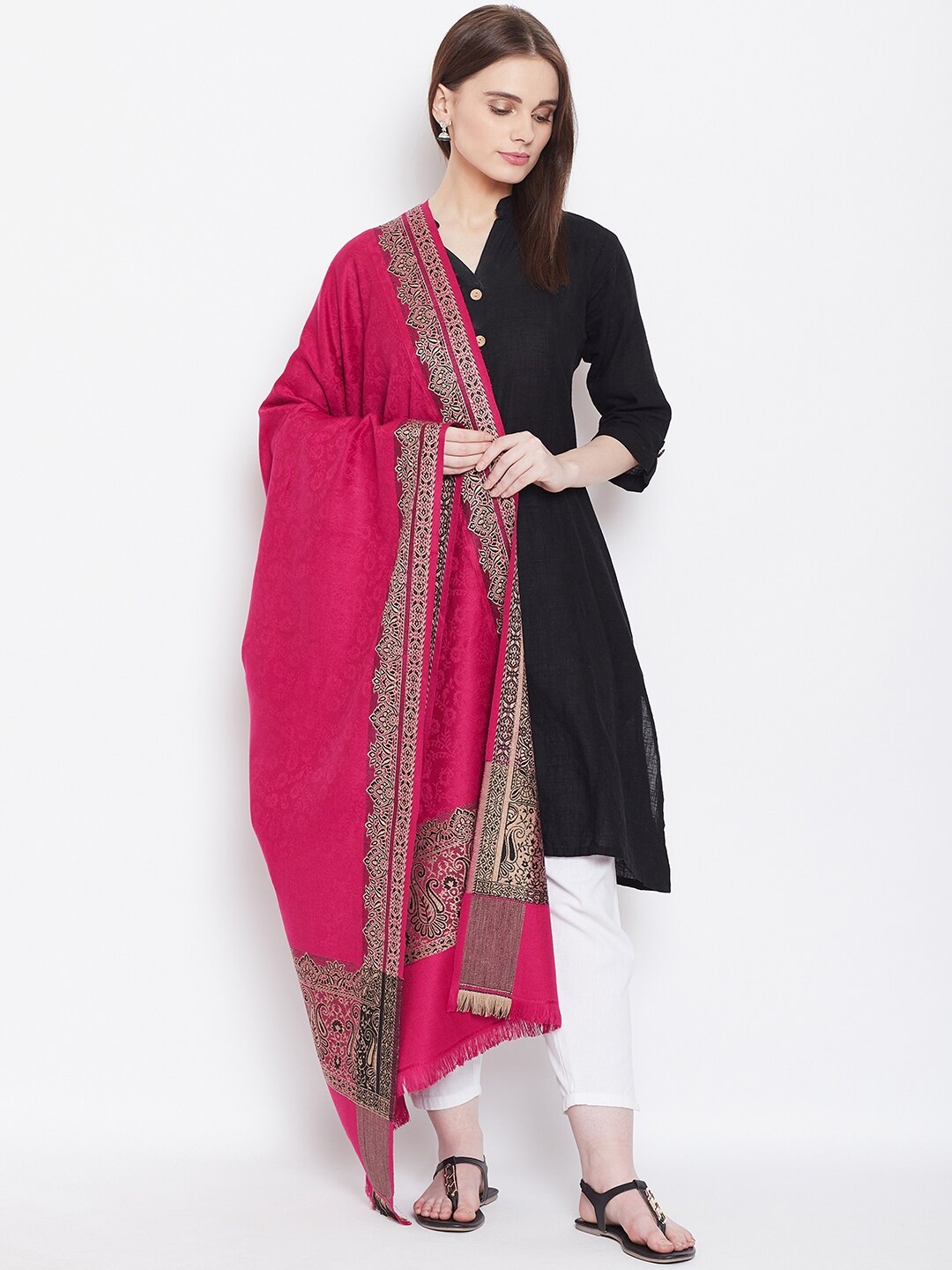 WEAVERS VILLA Women Magenta Woven Design Shawl Price in India