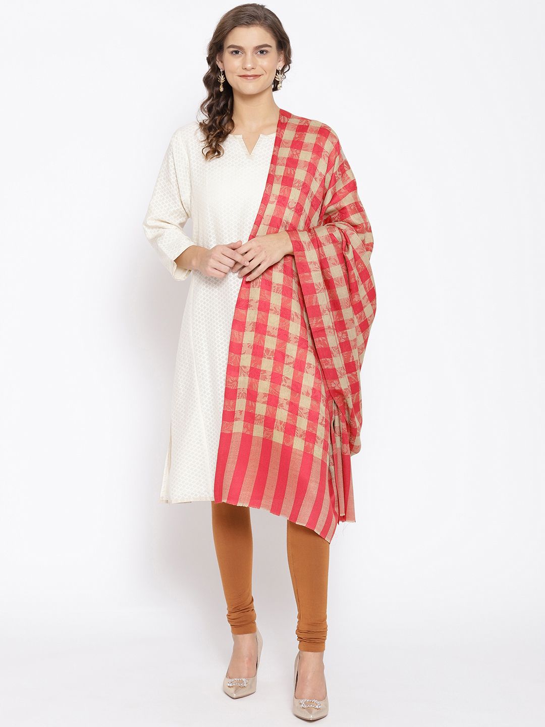 WEAVERS VILLA Women Red & Beige Checked Shawl Price in India