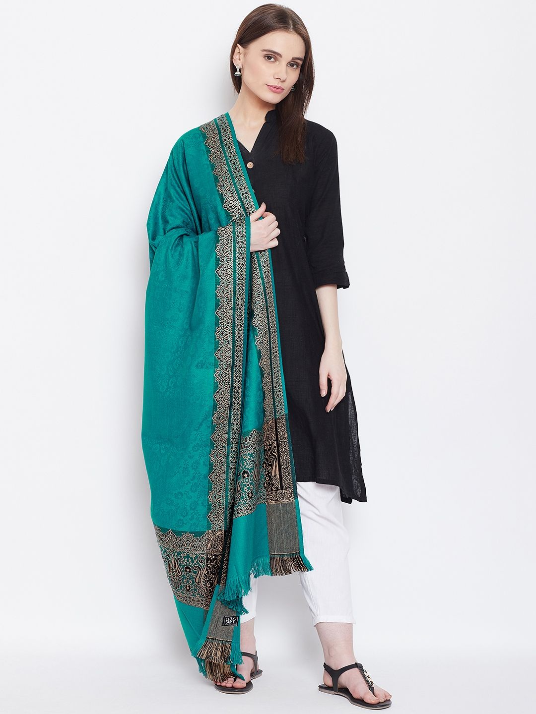 WEAVERS VILLA Women Green & Beige Woven Design Shawl Price in India