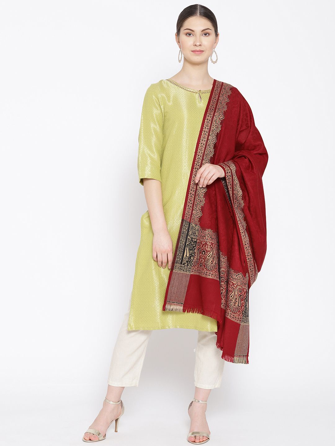 WEAVERS VILLA Women Maroon Woven Design Shawl Price in India