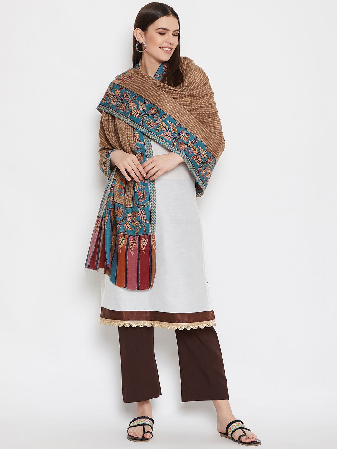 WEAVERS VILLA Women Beige & Blue Woollen Checked Shawl Price in India