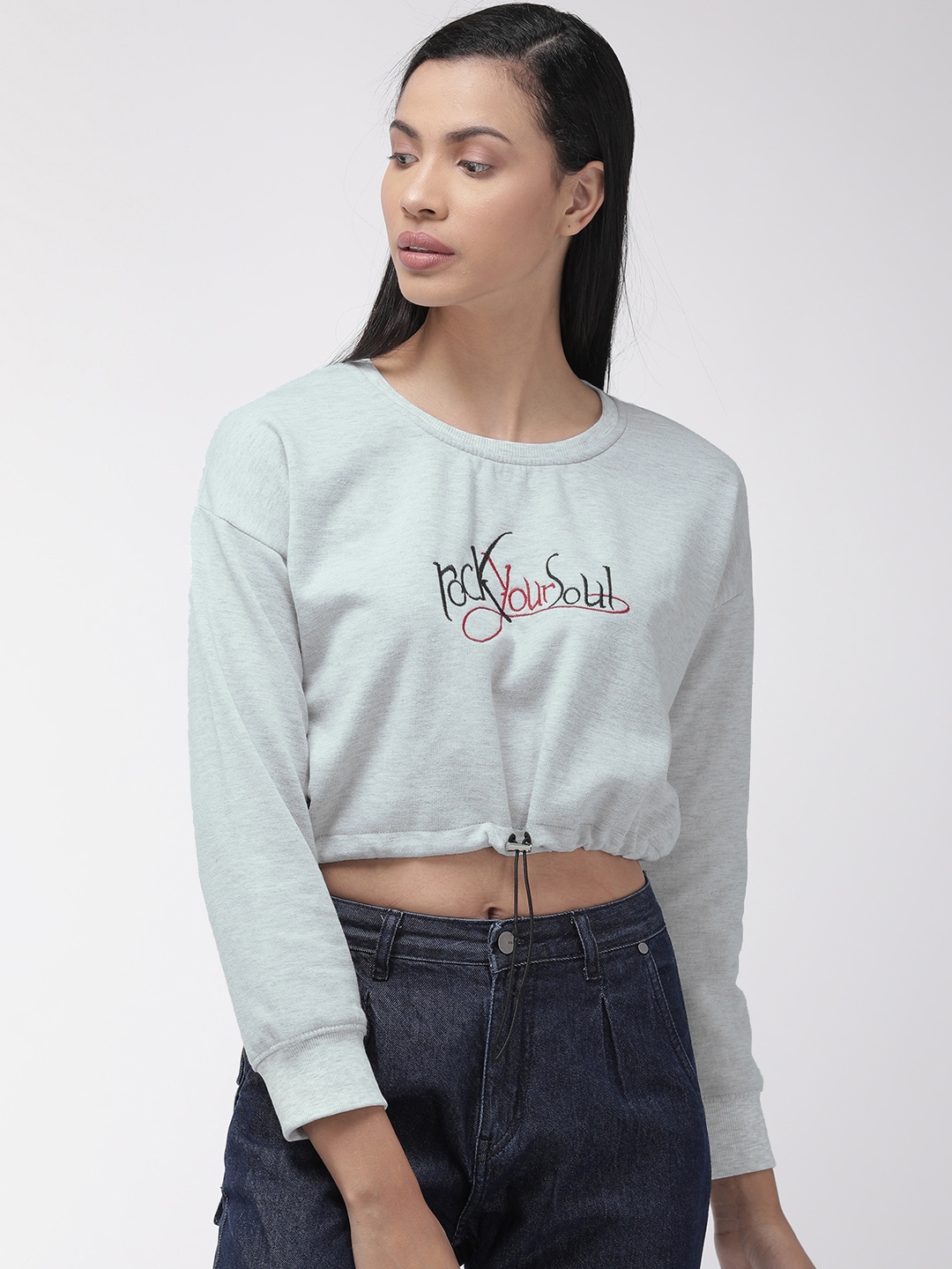 Fort Collins Women Grey Melange Embroidered Cropped Sweatshirt Price in India