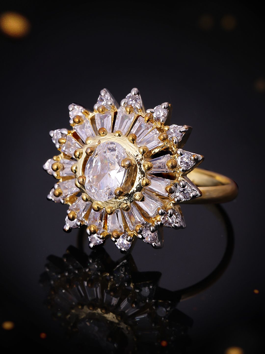 Rubans Women Gold-Toned & White CZ Stone-Studded Statement Adjustable Finger Ring Price in India
