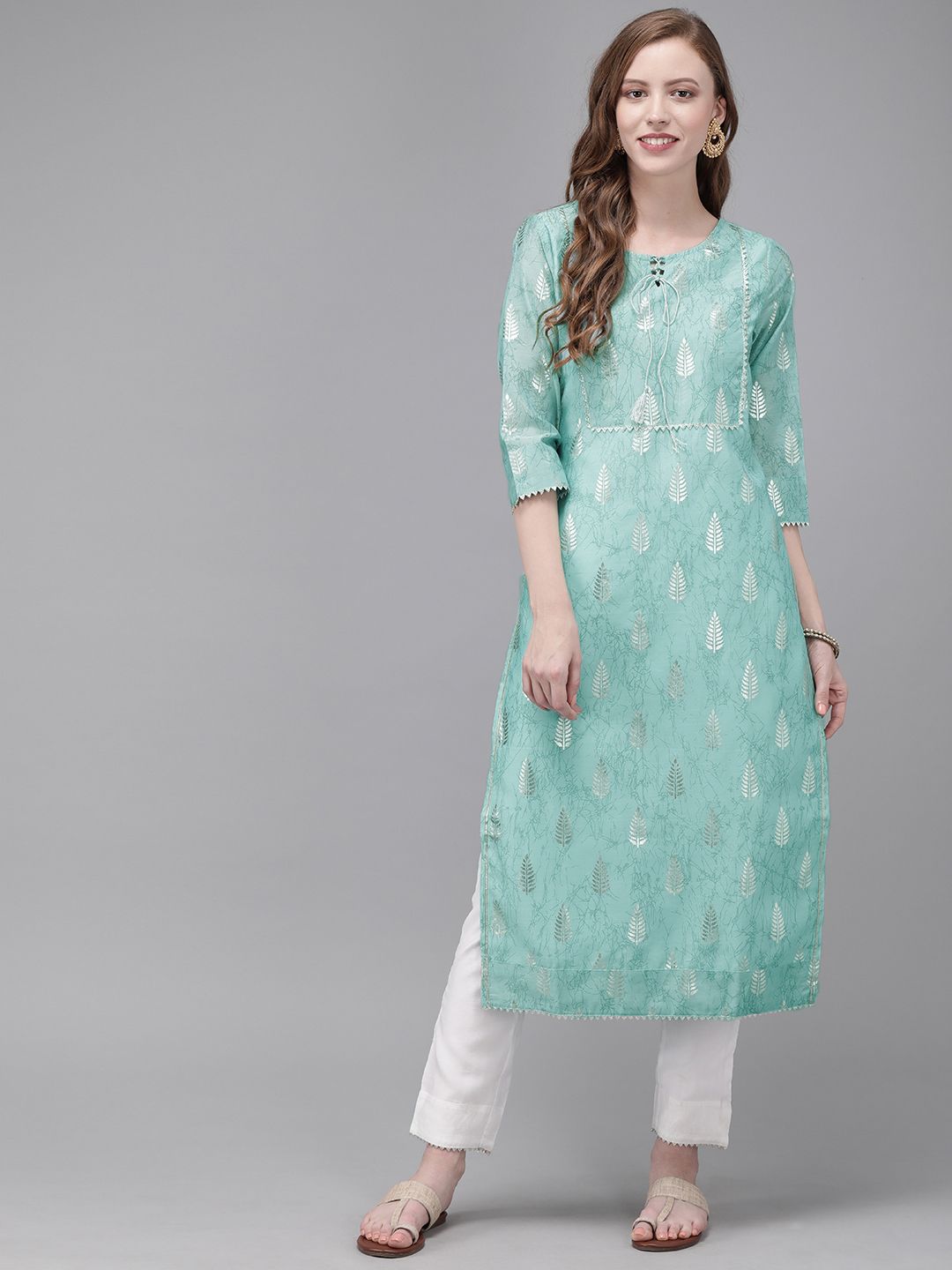 Anouk Women Blue & White Printed Kurta with Trousers