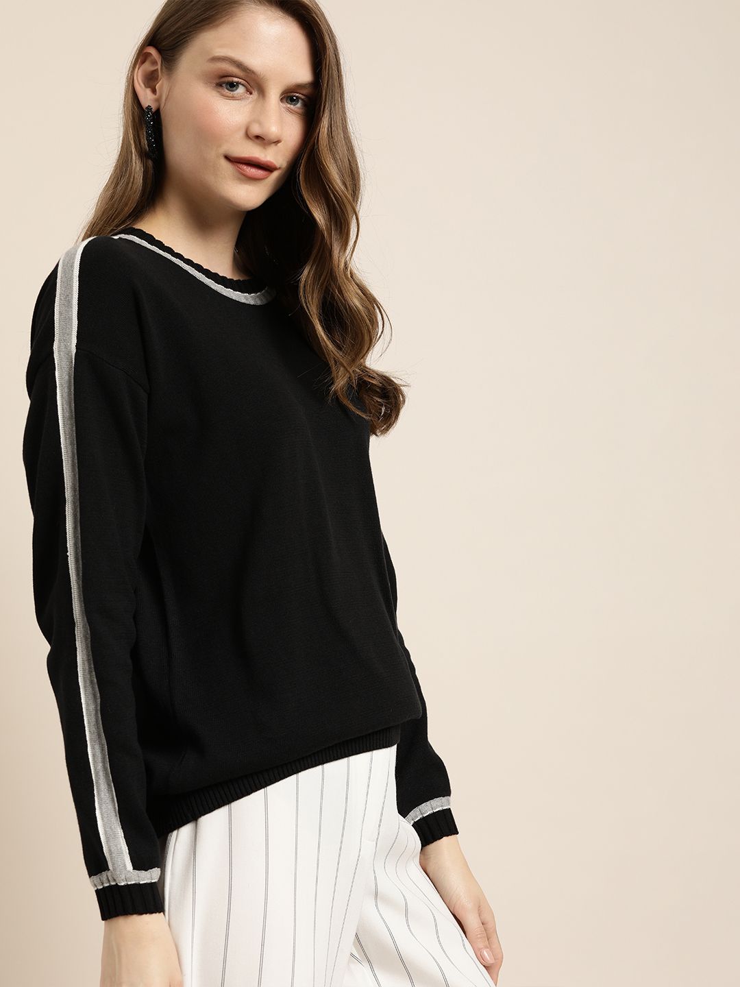 her by invictus Women Black Solid Pullover Sweater With Striped Detailing Price in India