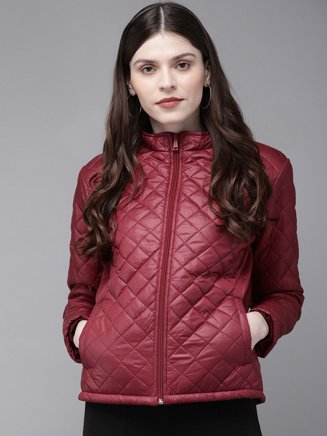 SASSAFRAS Women Maroon Solid Quilted Hooded Jacket Price in India