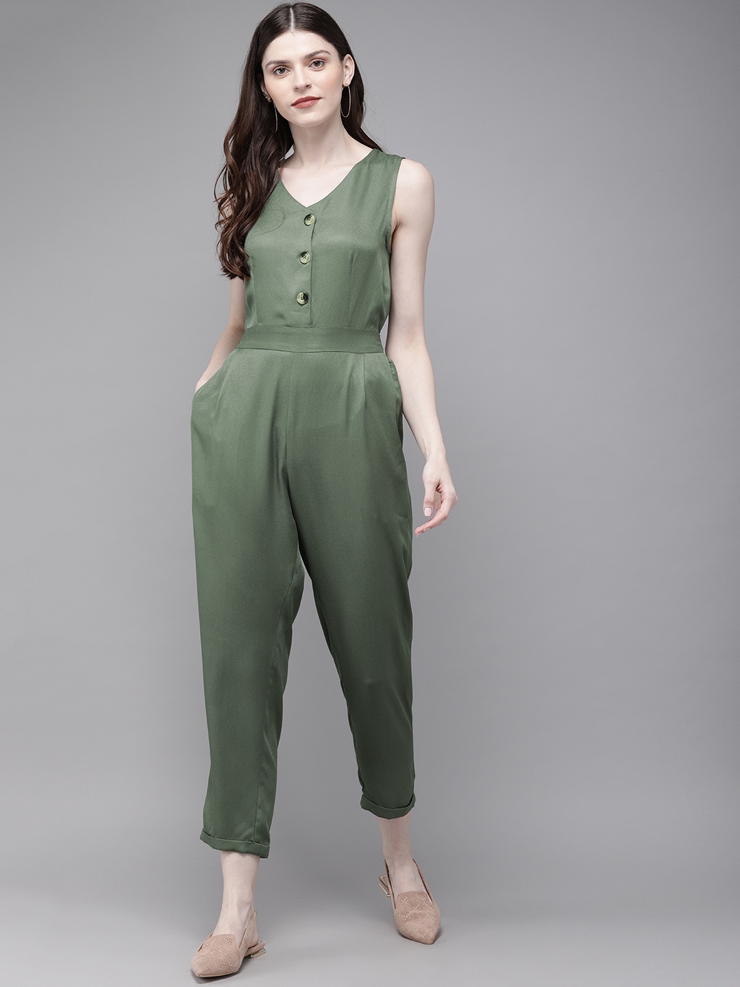 SASSAFRAS Women Olive Green Solid Tapered Fit Basic Jumpsuit Price in India