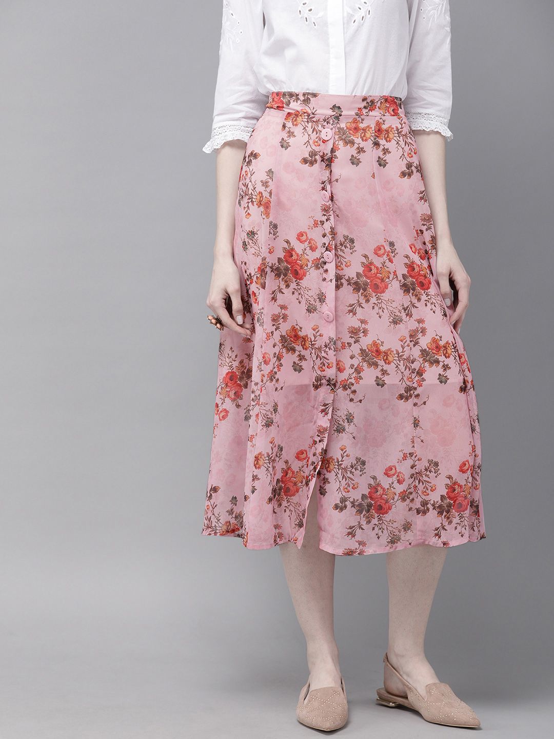 SASSAFRAS Women Pink & Rust Red Printed A-Line Panelled Skirt