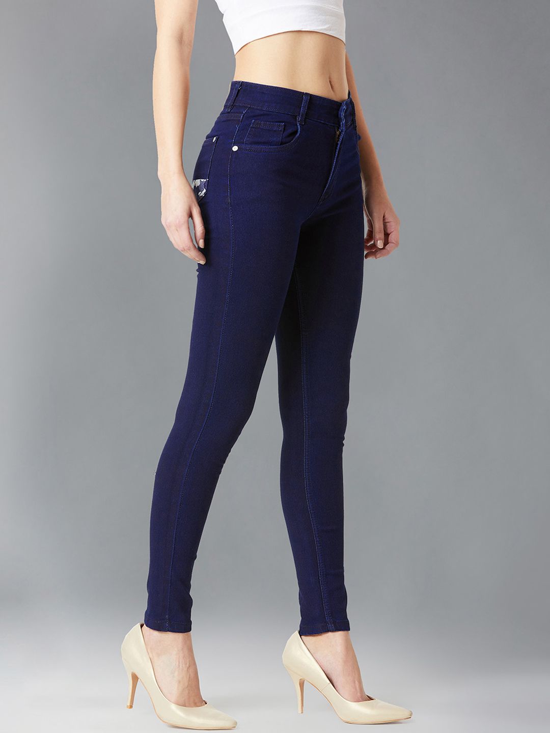 DOLCE CRUDO Women Navy Blue Skinny Fit Mid-Rise Clean Look Stretchable Jeans Price in India