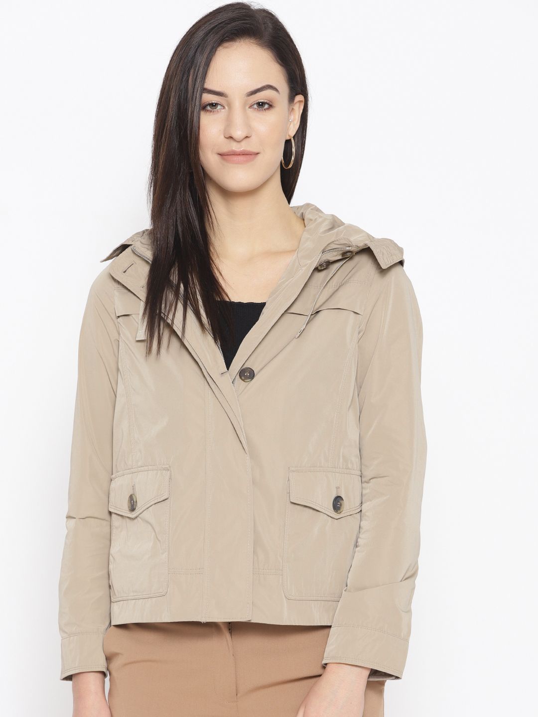 Geox Women Beige Solid Lightweight Hooded Tailored Jacket Price in India