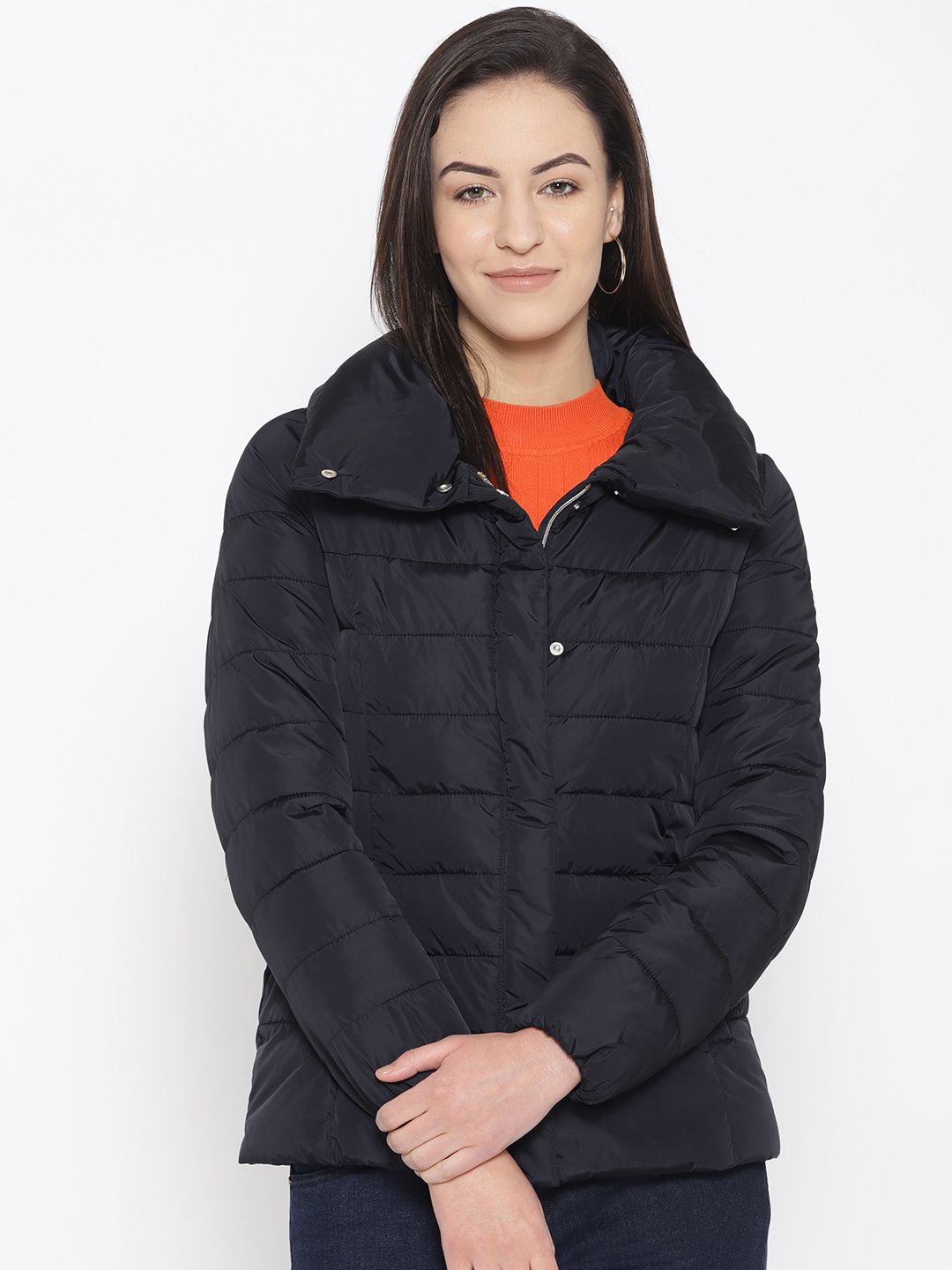 Geox Women Navy Blue Solid Padded Jacket Price in India